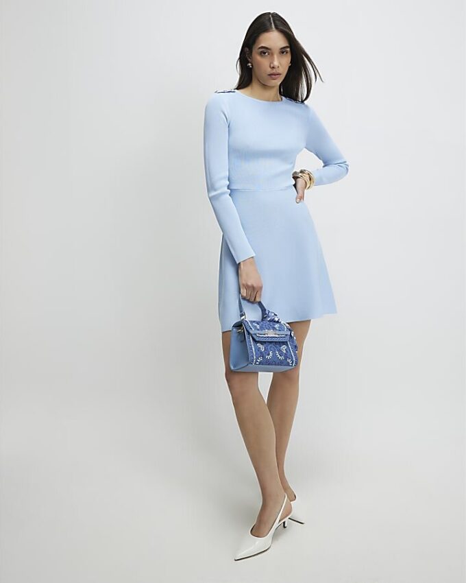 Blue Knitted Scallop Tipped Mini Dress