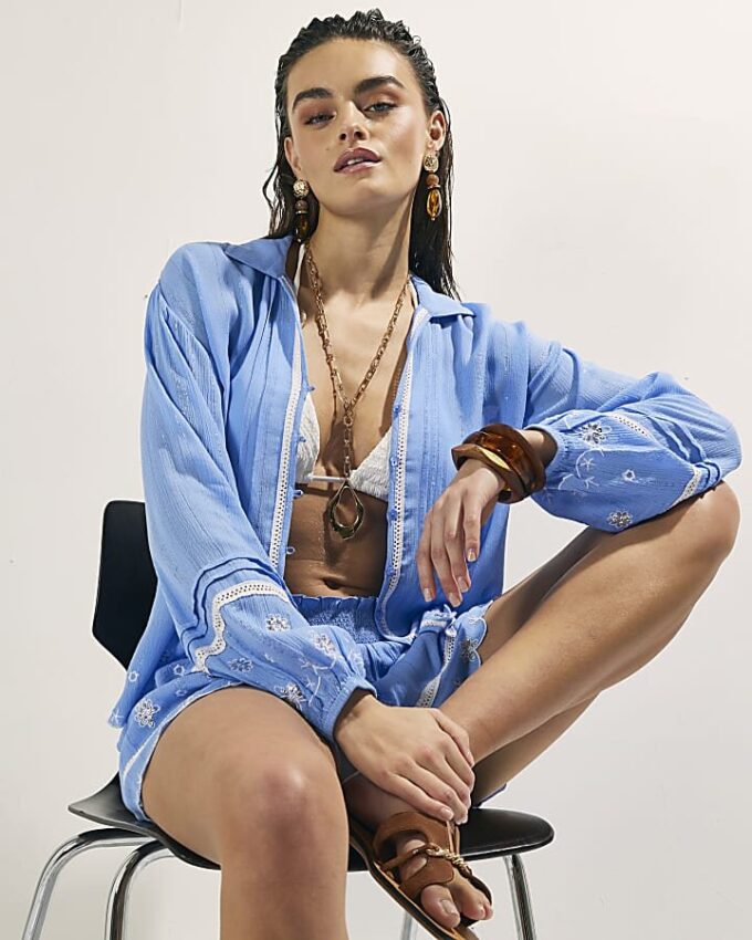 Blue Lace Trim Embroidered Beach Shirt