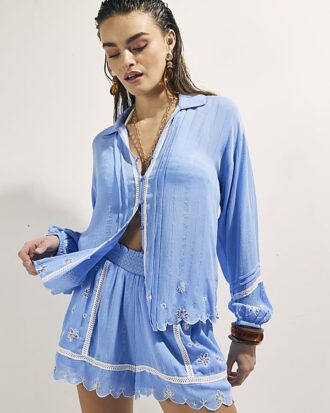 Blue Lace Trim Embroidered Beach Shirt