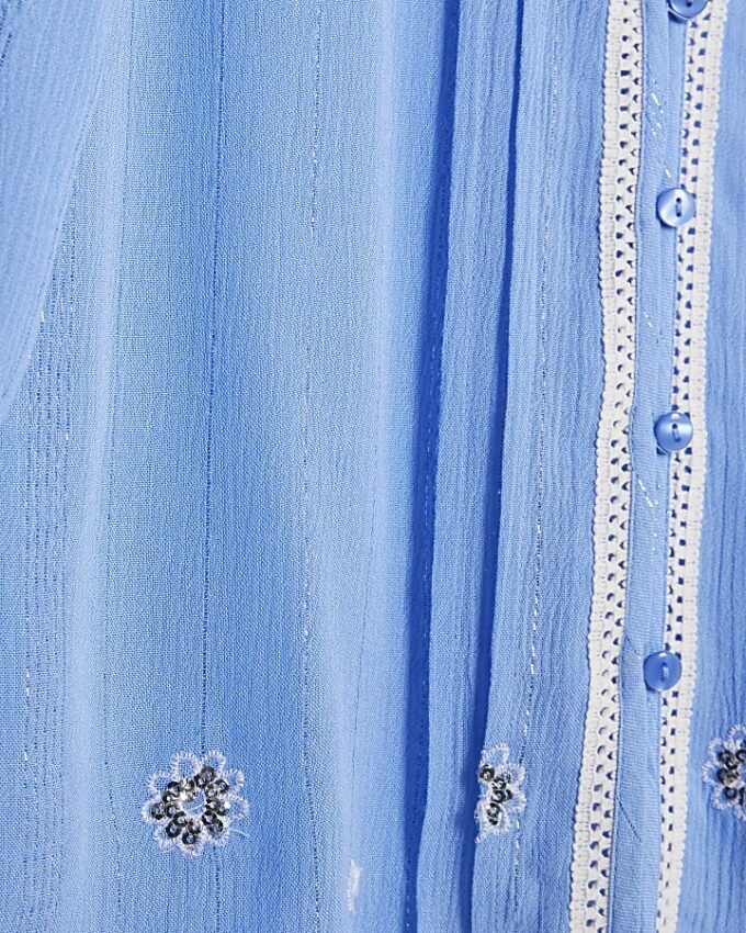 Blue Lace Trim Embroidered Beach Shirt