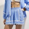 Blue Lace Trim Embroidered Beach Shorts