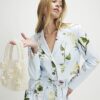 Blue Linen Blend Floral Cropped Blazer