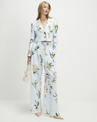 Blue Linen Blend Floral Cropped Blazer