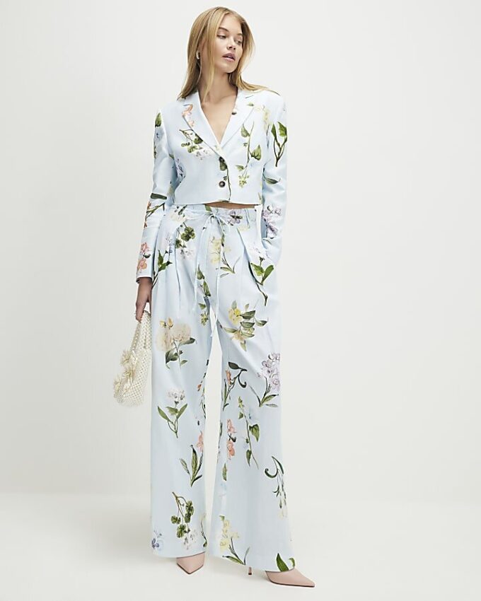 Blue Linen Blend Floral Cropped Blazer