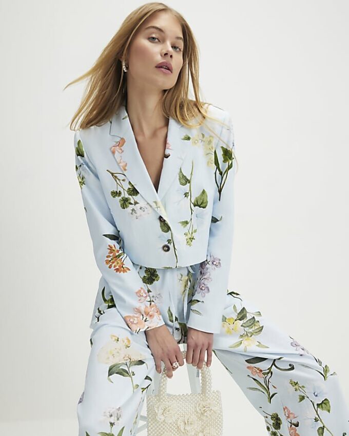 Blue Linen Blend Floral Cropped Blazer