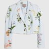 Blue Linen Blend Floral Cropped Blazer