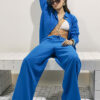 Blue Linen Blend Wide Leg Trousers