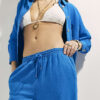 Blue Linen Blend Wide Leg Trousers