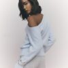 Blue Long Sleeve Asymmetric Fluffy Top