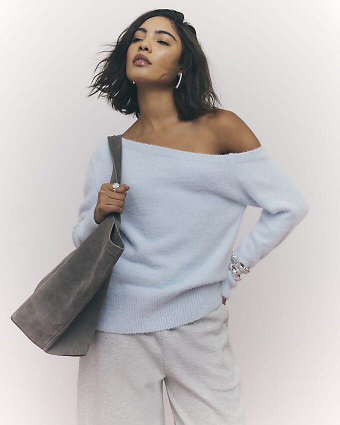 Blue Long Sleeve Asymmetric Fluffy Top