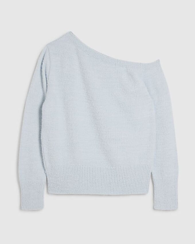 Blue Long Sleeve Asymmetric Fluffy Top