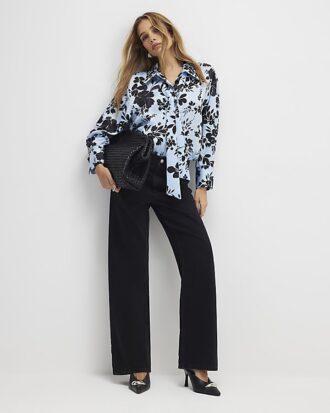 Blue Long Sleeve Floral Print Shirt