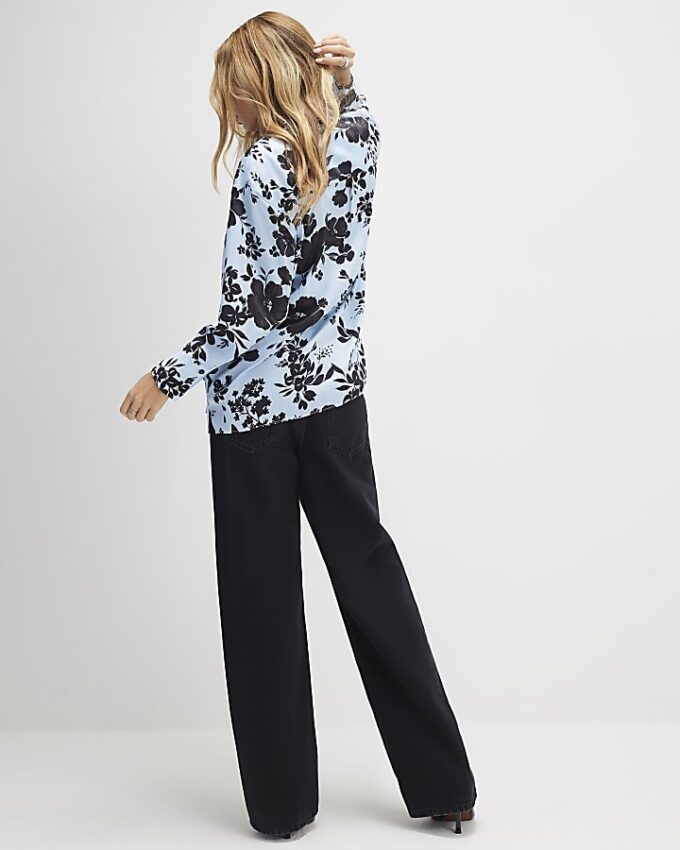 Blue Long Sleeve Floral Print Shirt