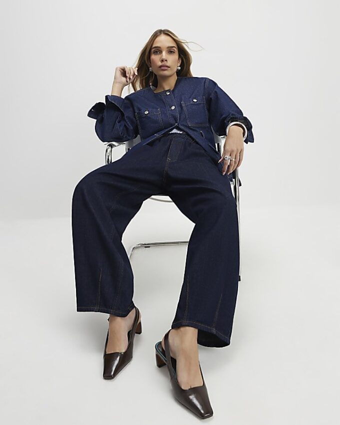 Blue Pull On Barrel Leg Jeans