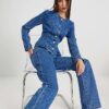Blue Relaxed Straight Diamante Jeans