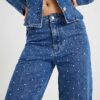 Blue Relaxed Straight Diamante Jeans