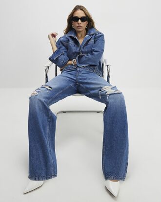 Blue Relaxed Straight Ripped Jeans