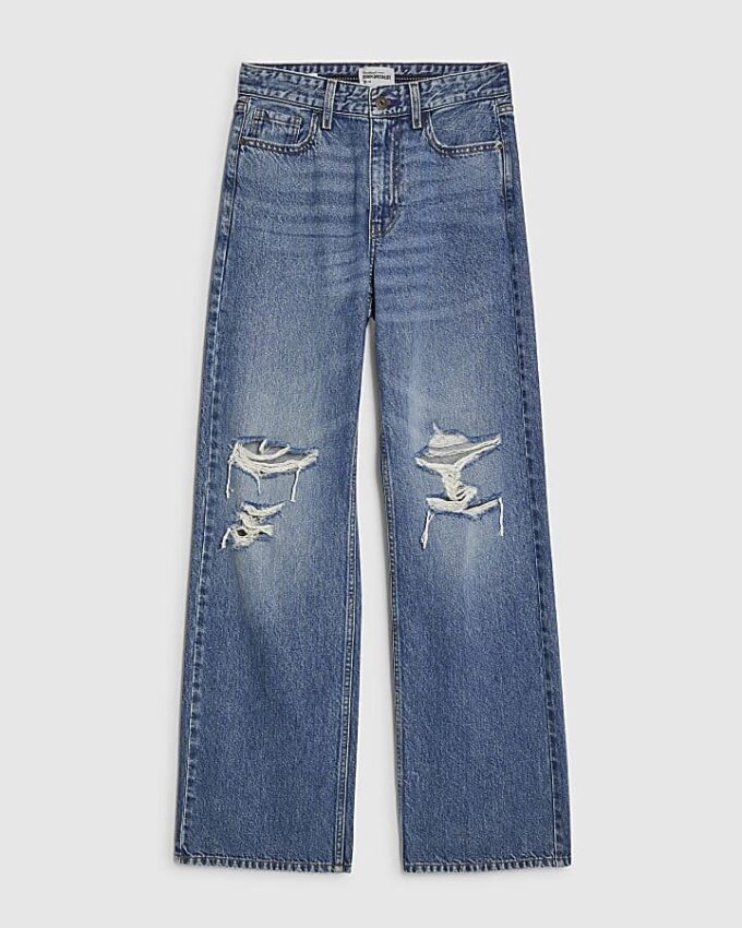 Blue Relaxed Straight Ripped Jeans