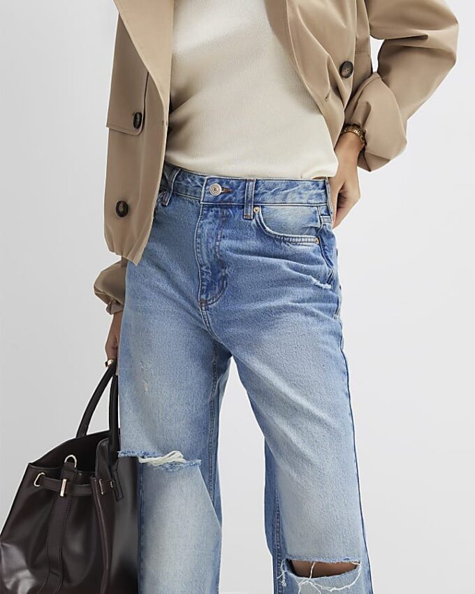 Blue Ripped Relaxed Straight Jeans