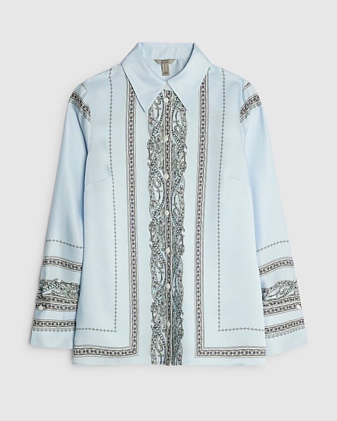 Blue Satin Paisley Print Long Sleeve Shirt