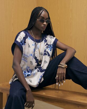 Blue Satin Short Sleeve Floral Print Top