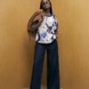 Blue Satin Short Sleeve Floral Print Top