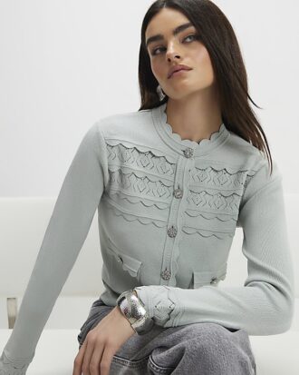 Blue Scallop Trim Diamante Button Cardigan