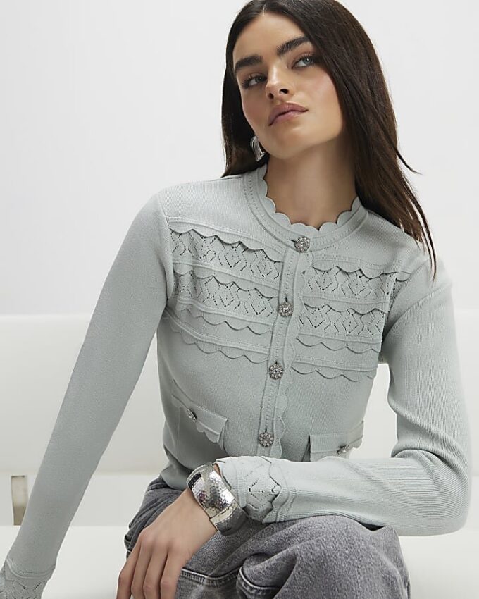 Blue Scallop Trim Diamante Button Cardigan