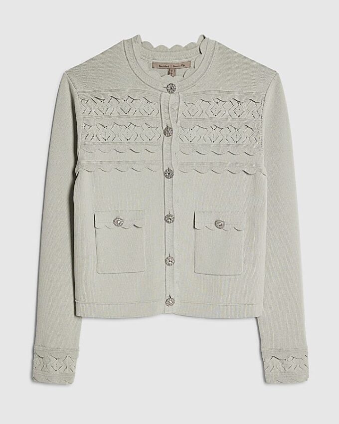 Blue Scallop Trim Diamante Button Cardigan