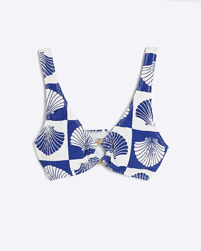 Blue Shell Print Textured Bikini Top