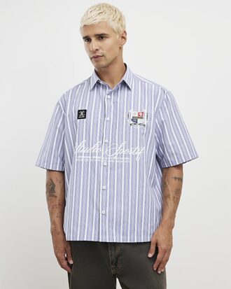 Blue Short Sleeve Striped Badged Shirt