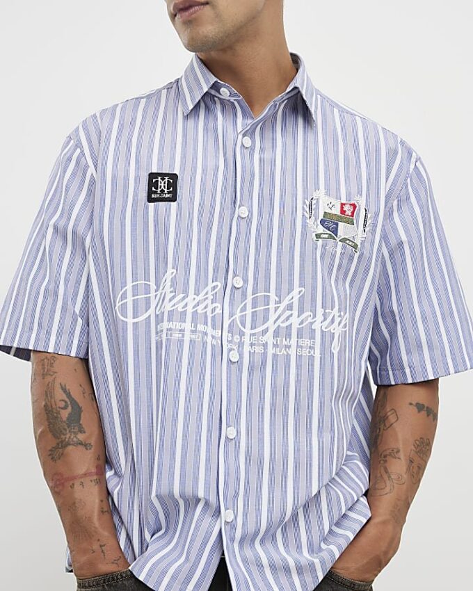 Blue Short Sleeve Striped Badged Shirt