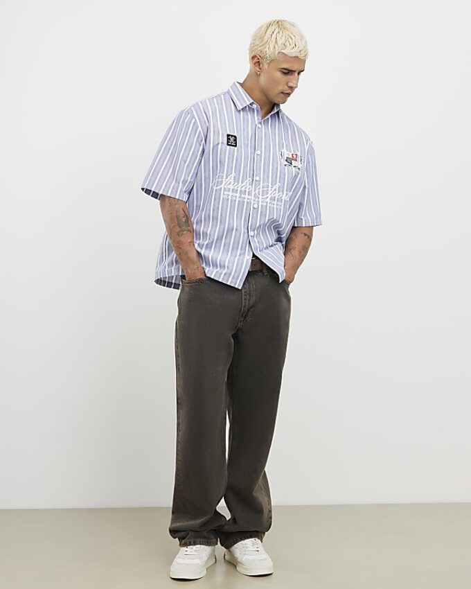 Blue Short Sleeve Striped Badged Shirt