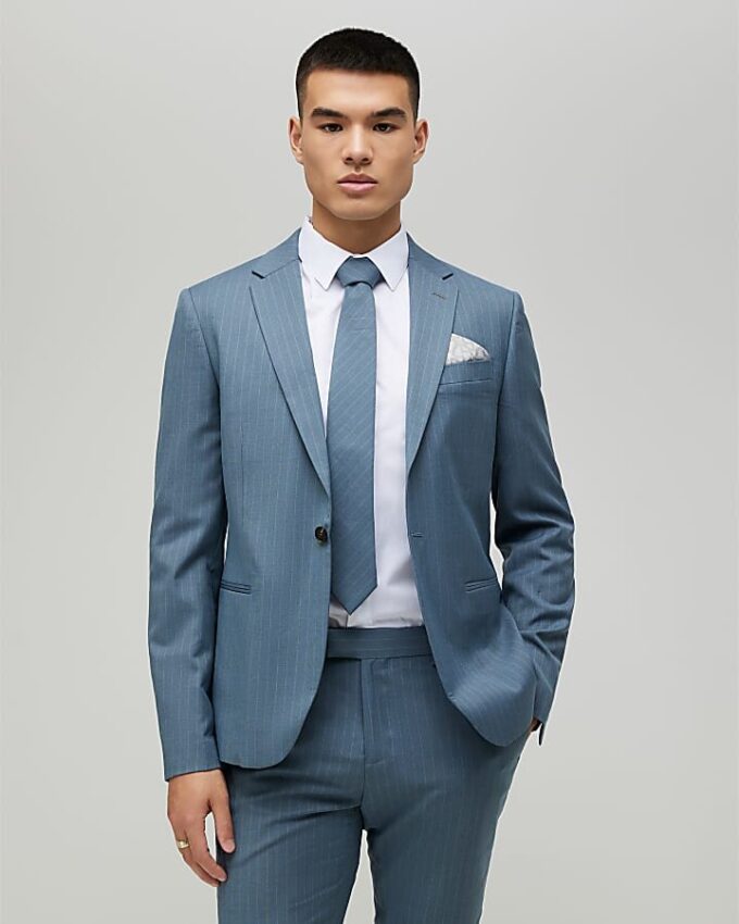 Blue Skinny Fit Pinstripe Suit Jacket Blue Skinny Fit Pinstripe Suit Jacket