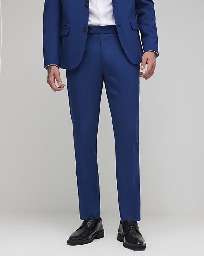 Blue Skinny Fit Textured Suit Trousers