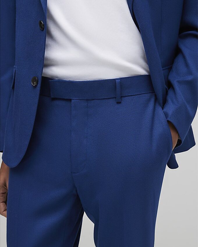 Blue Slim Fit Textured Suit Trousers