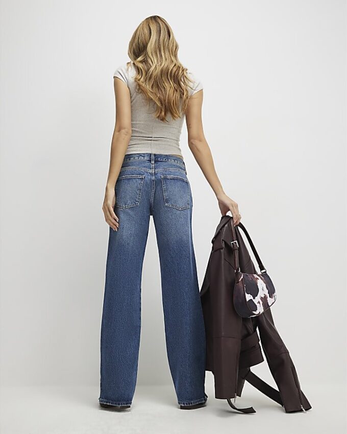 Blue Split Hem Straight Leg Jeans