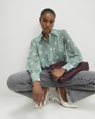 Blue Spot Print Scallop Trim Shirt Blue Spot Print Scallop Trim Shirt