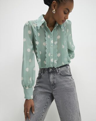 Blue Spot Print Scallop Trim Shirt Blue Spot Print Scallop Trim Shirt