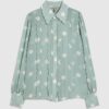 Blue Spot Print Scallop Trim Shirt