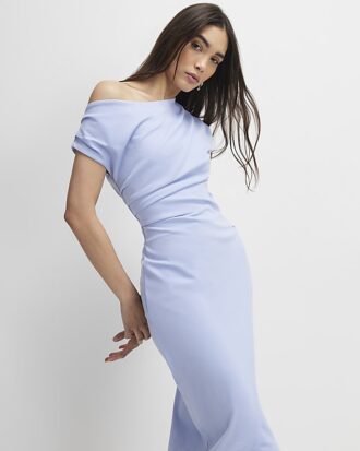 Blue Stretchy Draped Midi Dress