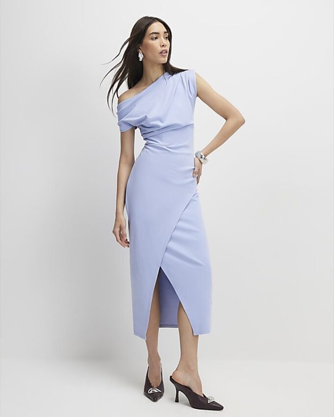 Blue Stretchy Draped Midi Dress Blue Stretchy Draped Midi Dress