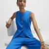 Blue Stretchy Scallop Trim Tailored Waistcoat