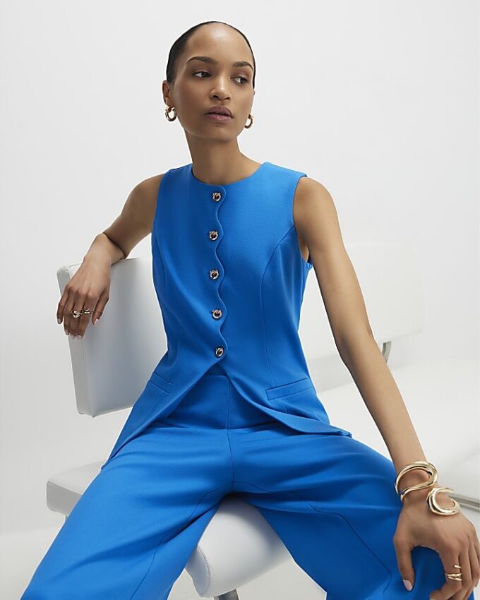 Blue Stretchy Scallop Trim Tailored Waistcoat