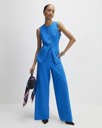 Blue Stretchy Scallop Trim Tailored Waistcoat