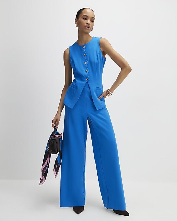 Blue Stretchy Scallop Trim Tailored Waistcoat