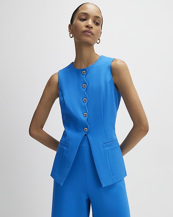 Blue Stretchy Scallop Trim Tailored Waistcoat