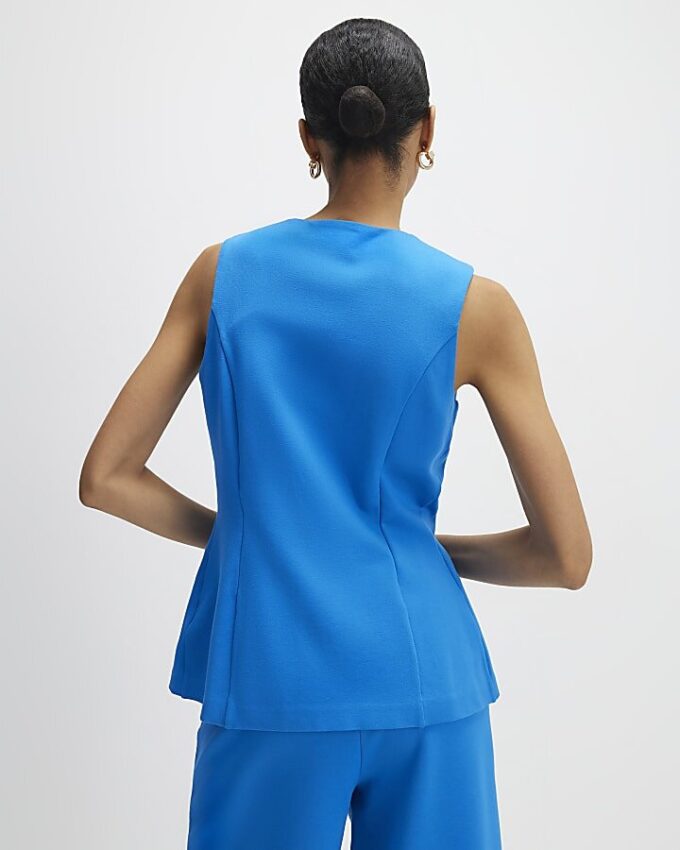 Blue Stretchy Scallop Trim Tailored Waistcoat