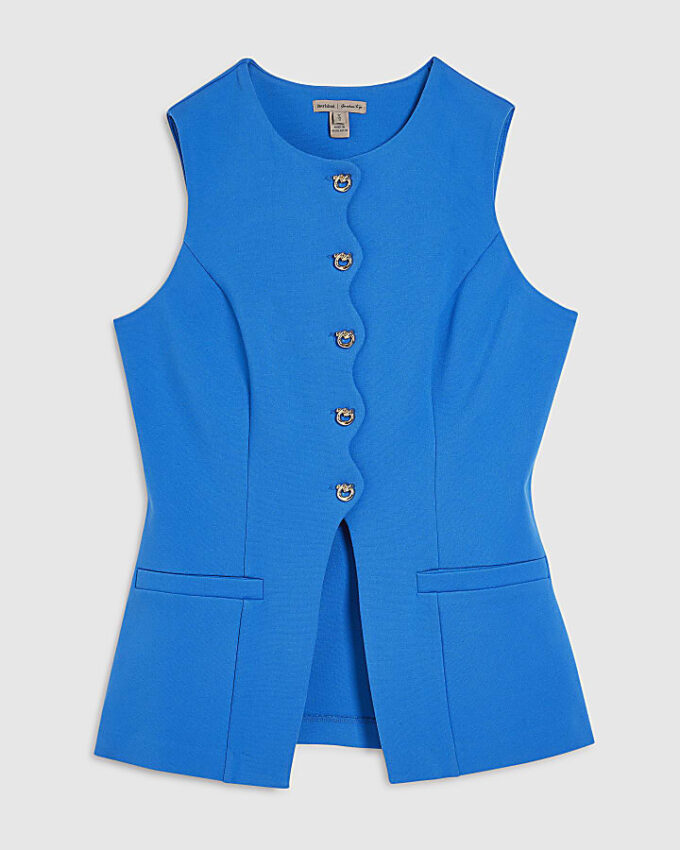 Blue Stretchy Scallop Trim Tailored Waistcoat