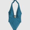 Blue Studded Plunge Halterneck Swimsuit